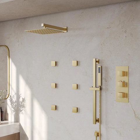 GRANDJOY 12" Shower System with Handheld Spray, Brushed Gold wall-mounted shower features rainfall head and body jets.