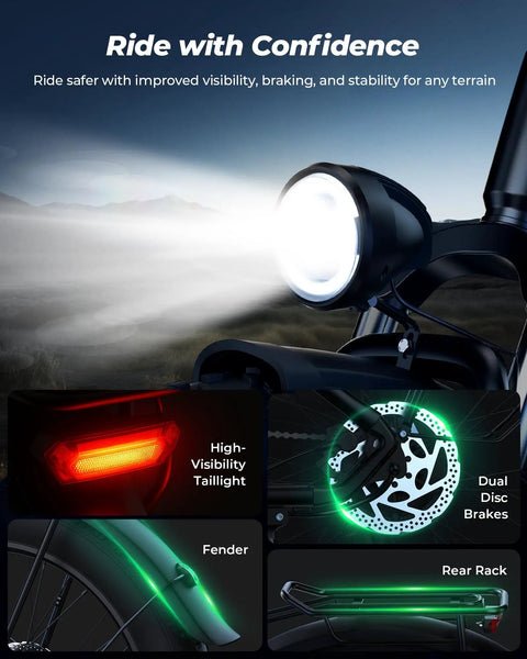Close-up of headlight, taillight, disc brakes, rear rack of Beast 1500W Electric Fat Bike For Adults with full suspension.