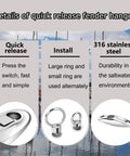 Details of 316 Marine Grade Stainless Steel Quick Release Fender Hangers For Pontoon Boats featuring quick release and installation setup.