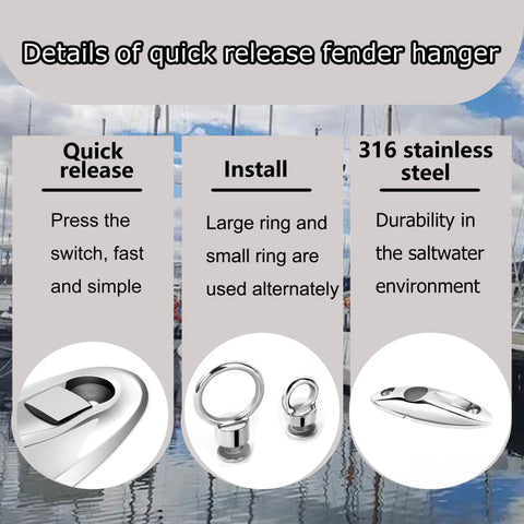 Details of 316 Marine Grade Stainless Steel Quick Release Fender Hangers For Pontoon Boats featuring quick release and installation setup.