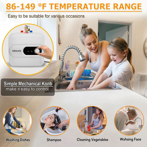 2.6 Gallon On Demand Electric Water Heater With LED Display Under Sink Mini Tank 110V Plug In 1500W in kitchen setting.