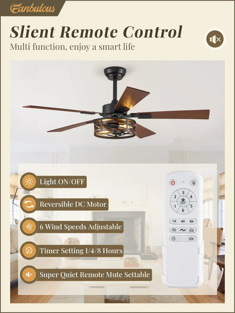 48 Inch Farmhouse Ceiling Fan With Remote And Light Vintage Caged Design Walnut Blades features remote control functions.