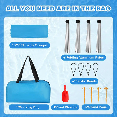 Contents of Spacious 10x10 Foot Beach Shade Canopy With UPF50 Plus Sun Protection Pop Up Shelter including poles and accessories