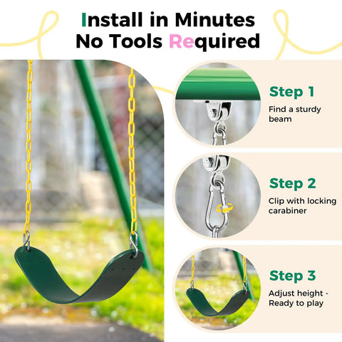 Two Pack Outdoor Swing Seats With 66 Inch Rust Resistant Heavy Duty Chains For Backyard Playground Replacement Anti Slip EVA Seats Supports Up To 330 Lb For Kids And Adults Green installation steps
