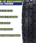 Side view of Four Pack 10 Inch Flat Free Airless Tires With Five Eighth Inch Center Bearings For Wheelbarrows Dollies Garden Carts Hand Trucks Lawn Mowers And More Heavy Duty Solid Polyurethane Tread On Steel Hubs Fits 4.10 And 3.50 4 Wheel Size showing non-slip, high-quality polyurethane, wear, and pressure resistance features.