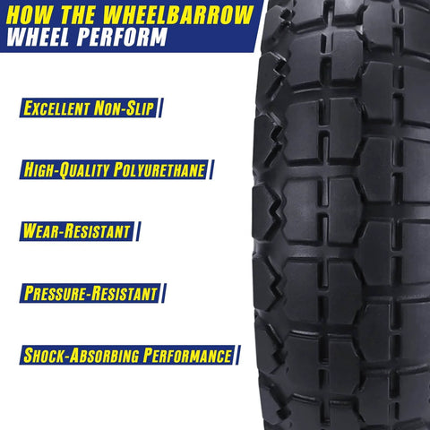 Side view of Four Pack 10 Inch Flat Free Airless Tires With Five Eighth Inch Center Bearings For Wheelbarrows Dollies Garden Carts Hand Trucks Lawn Mowers And More Heavy Duty Solid Polyurethane Tread On Steel Hubs Fits 4.10 And 3.50 4 Wheel Size showing non-slip, high-quality polyurethane, wear, and pressure resistance features.