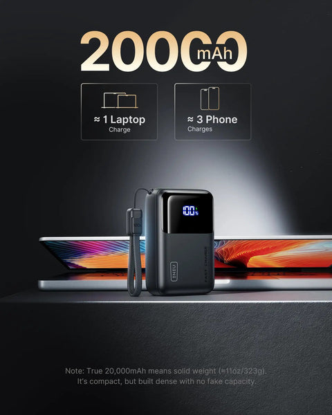 Ultra Compact Wallet Sized Laptop Power Bank Featuring Hella Fast 65W Triple Port Charging And Massive 20000mAh Built In Battery on a sleek surface.