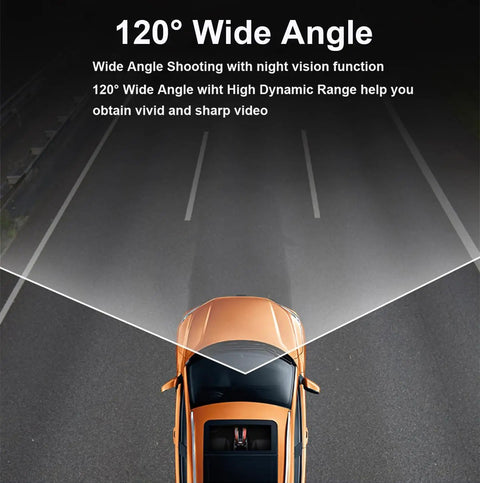 Overhead view of car demonstrating 120° wide angle view, part of 2.4 Inch 1080P Dash Cam For Cars With Super Night Vision And 24 Hour Recording.