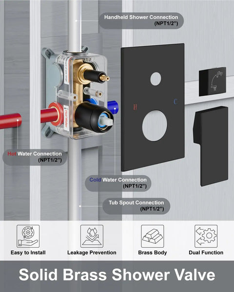 Diagram of solid brass shower valve connections for Waterfall Wall Mount Tub Faucet Set With Handheld Sprayer Matte Black Finish Single Handle Tub Filler Solid Brass Construction Boss Look For Your Bath Upgrade.