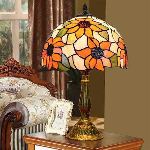 Sunflower Tiffany Style Stained Glass Table Lamp, 12 Inch Shade, 19 Inch Tall, E26 Socket, LED Bulb Included, Black Cord With Switch