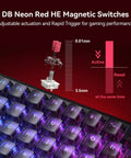DB Neon Red HE Magnetic Switches showcasing adjustable actuation and rapid trigger for the 65 Percent Mechanical Gaming Keyboard With Hall Effect Magnetic Switches And Lightning Fast Rapid Trigger Featuring Adjustable Actuation Zero Lag 8000Hz Polling Buttery Smooth RGB Backlight Built For Competitive Sets And Slick Counter Strafe Control On.