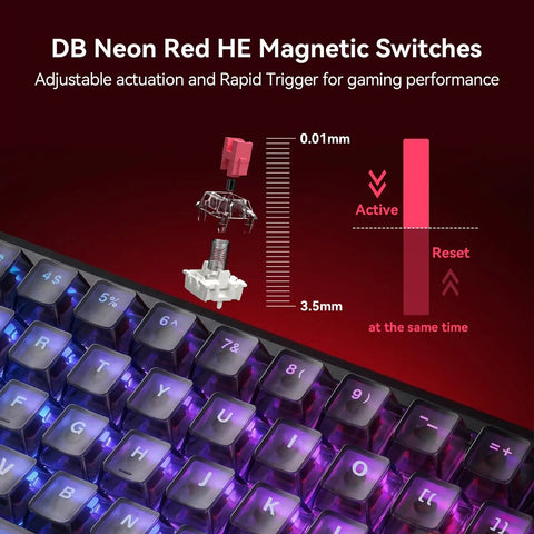 DB Neon Red HE Magnetic Switches showcasing adjustable actuation and rapid trigger for the 65 Percent Mechanical Gaming Keyboard With Hall Effect Magnetic Switches And Lightning Fast Rapid Trigger Featuring Adjustable Actuation Zero Lag 8000Hz Polling Buttery Smooth RGB Backlight Built For Competitive Sets And Slick Counter Strafe Control On.