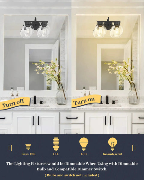 Matte Black Two Light Bathroom Vanity Light Fixtures Over Mirror With Clear Glass Shades Industrial Wall Sconces