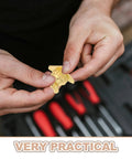 Hands holding golden antique metal box feet corner protector from set of 20 for jewelry boxes and wood cases.