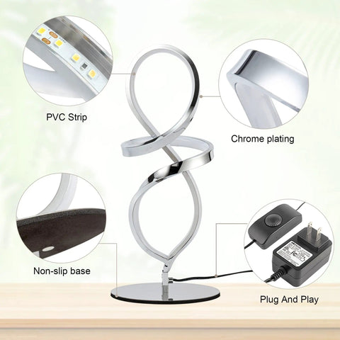 Dope Modern LED Table Lamp With Unique Spiral Design For A Sleek Nightstand, Stepless Dimming, Chrome Finish Bedside Light
