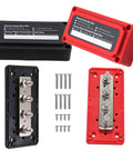 Tough As Nails 300A Power Distribution Block Waterproof Bus Bar Box with four M8 terminal studs, black and red, heavy-duty battery junction panel.