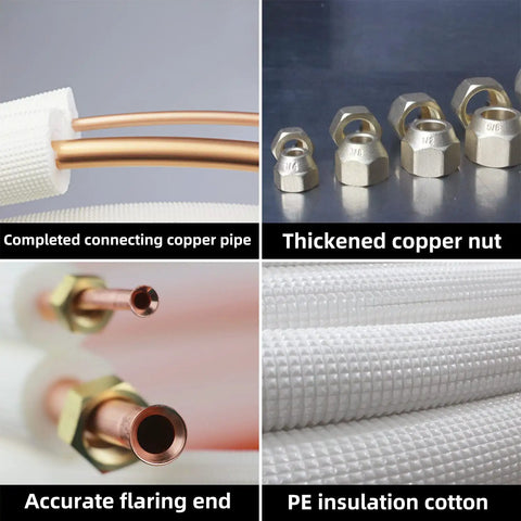 Sixteen Ft Copper Tubing Extension Set for Mini Split AC and Heating Systems details, featuring connected pipes and nuts
