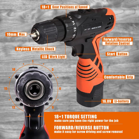 Close-up of 16.8V cordless drill from All In One Power Tools Kit With 60 Piece Accessory Set And 16.8V Cordless Drill For Home DIY And Repairs
