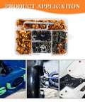 Motorcycle Fairing Bolt Kit Ride Ready Dope 177 Pieces Aluminum Alloy M5 M6 Screws Nuts Washers Fasteners Clips Set Universal For Sportbike Orange Windscreen Hardware displayed along with application images.