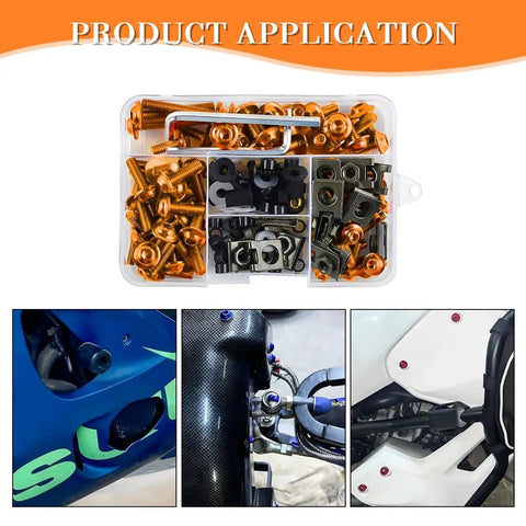 Motorcycle Fairing Bolt Kit Ride Ready Dope 177 Pieces Aluminum Alloy M5 M6 Screws Nuts Washers Fasteners Clips Set Universal For Sportbike Orange Windscreen Hardware displayed along with application images.
