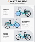 Electric Tricycle For Adults 26 Inch Trike With 250W Peak 500W Motor 468Wh Removable Battery 31 Mile Range Three Modes 3 Wheel Electric Trike For Seniors Teal Color Easy Ride For Daily Commute shown in throttle, pedal assist and manual modes
