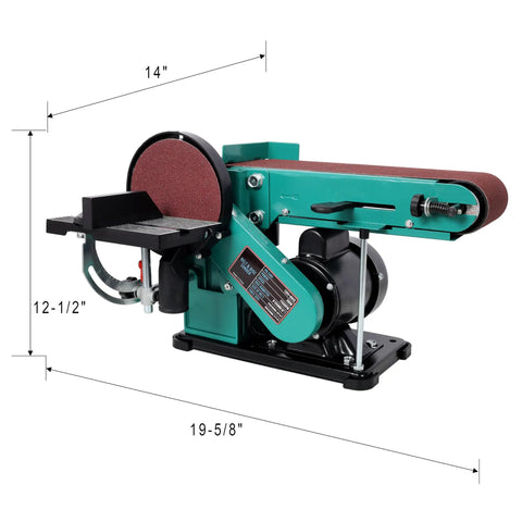 Heavy Duty 4X36 Belt Sander Paired With 6 Inch Disc Sander Built Tough High Torque Motor Smooth Operator For Woodworking And Metal Polishing Your Garage Shop Badass Upgrade Tool shown in profile with dimensions.