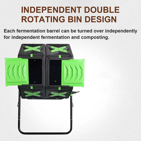 Dual Chamber Tumbler Compost Bin With 140L Capacity Outdoor Garden No Sweat Spin Rotation Sturdy Steel Frame front view
