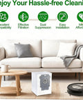 Living room with Roomba vacuum and 16 Pack Roomba Vacuum Bags For i Series And J Series S9 Plus Leak Proof Replacement Dirt Disposal Bags.