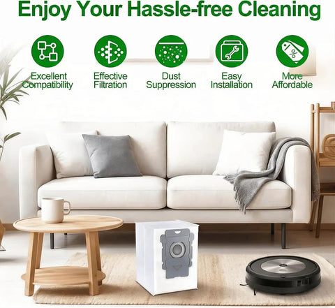 Living room with Roomba vacuum and 16 Pack Roomba Vacuum Bags For i Series And J Series S9 Plus Leak Proof Replacement Dirt Disposal Bags.
