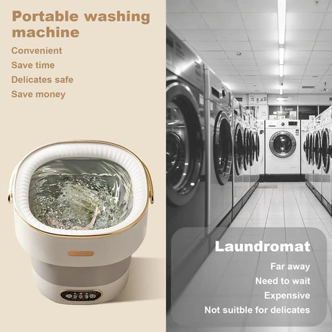 Slick Collapsible Mini Washing Machine With 13L Spin Basket And Quick Flip Design in action, washing clothes in a compact design.