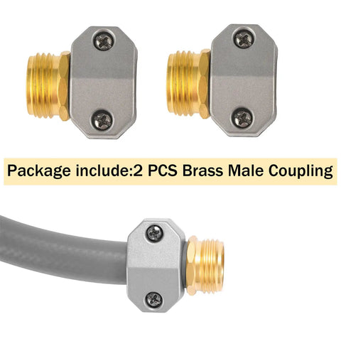 2 Pack Brass Garden Hose Repair Kit With Three Quarter Inch And Five Eighth Inch Fit Male Hose End Connectors Easy To Install Hose Mender Replacement Kit Stainless Steel Screws Zinc Clamp For Durable Rust Resistant Connection showing brass connectors and male hose end.