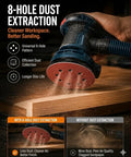 300 Pack 5 Inch Sanding Discs Set With 8 Hole Hook And Loop for Random Orbital Sanders showcasing dust extraction on wood