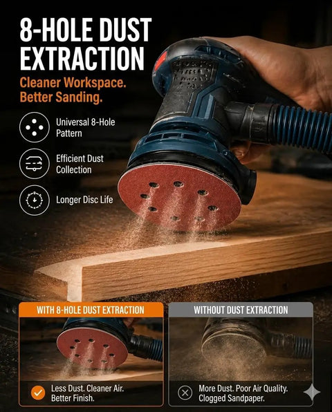 300 Pack 5 Inch Sanding Discs Set With 8 Hole Hook And Loop for Random Orbital Sanders showcasing dust extraction on wood