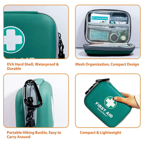 Ultra Compact 150 Piece First Aid Kit With Hard Shell opened, showing mesh compartments with medical supplies in green case