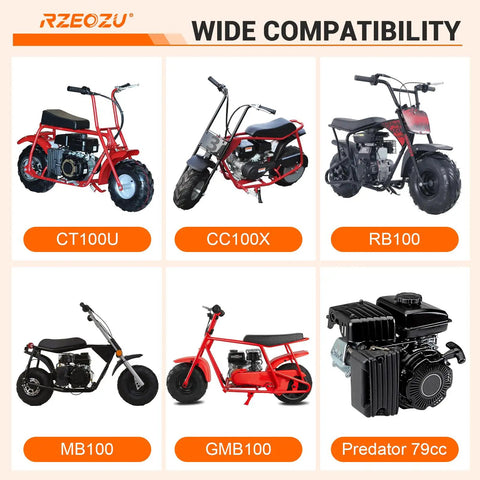 Wide compatibility of Throttle Linkage Kit For Predator 79cc 3hp OHV Engine And Lifan 154F, shown with mini bikes and engines.