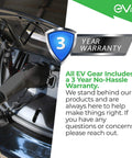 Level 2 Electric Vehicle Wall Charger Station 40 Amp 240 Volt with warranty symbol and EV cable plugged in. 