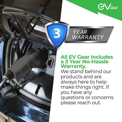 Level 2 Electric Vehicle Wall Charger Station 40 Amp 240 Volt with warranty symbol and EV cable plugged in. 