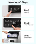 Straight Up Solid Commercial Ice Maker Makes 120 Lbs Daily Under Counter Design With A 33 Lb Storage Bin And Easy Water Filter Setup For House Parties That Gonna Run Super Chill control panel showing three-step ice-making process