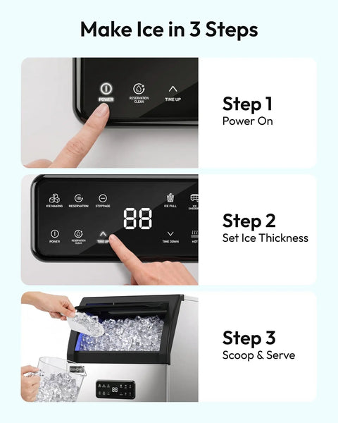 Straight Up Solid Commercial Ice Maker Makes 120 Lbs Daily Under Counter Design With A 33 Lb Storage Bin And Easy Water Filter Setup For House Parties That Gonna Run Super Chill control panel showing three-step ice-making process