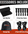 Road Trip Ready Rooftop Cargo Carrier Bag accessories, including anti-slip mat, 6 door hooks, storage bag, and 2 extra straps