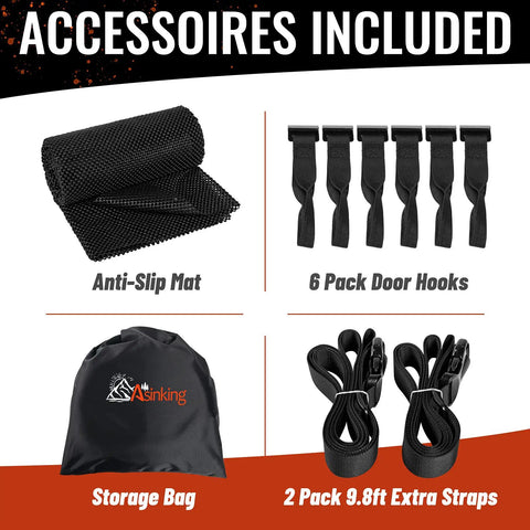 Road Trip Ready Rooftop Cargo Carrier Bag accessories, including anti-slip mat, 6 door hooks, storage bag, and 2 extra straps