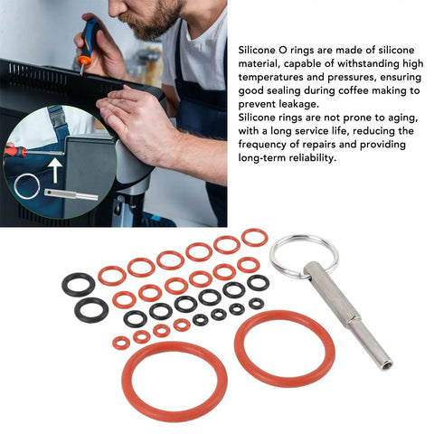 Fix Leaky Coffee Maker With Silicone O Ring Repair Kit Has Tool Stainless Stops Drips High Heat Seal Prevents Water Damage Makes It Lit Install Takes Seconds Save Cash Skip Buying New Unit Keep Brew Smooth Bad Boy No Cap. Silicone O-ring kit with stainless tool and assorted sizes