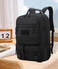 Black rugged hiking backpack for outdoor adventures and weekend trips, daypack travel pack with all weather durability on a table