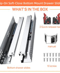 Bottom Mount Soft Close Drawer Slides Set 10 12 14 16 18 20 22 24 Inch Full Extension Concealed Rails 100 Pound Load Without Bracket