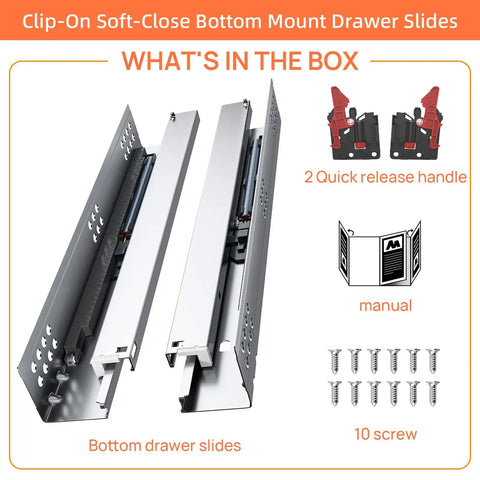 Bottom Mount Soft Close Drawer Slides Full Extension Concealed Rails 100 Lb Load Pair 18 Inch Without Bracket Contents