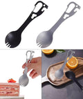 5 In 1 Stainless Steel Spork Fork Spoon Combo with Can Bottle Opener, two pieces on tray and in hand, durable gear for outdoor use