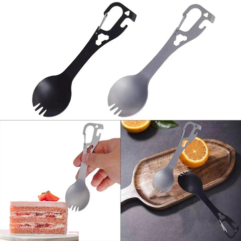 5 In 1 Stainless Steel Spork Fork Spoon Combo with Can Bottle Opener, two pieces on tray and in hand, durable gear for outdoor use