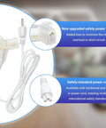 White power cord with three-prong plug, detailed in safety feature highlights against blurred background.