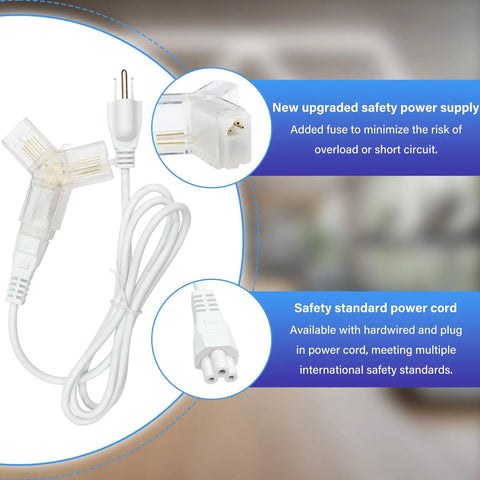 White power cord with three-prong plug, detailed in safety feature highlights against blurred background.