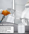 Heavy Duty Pneumatic Undercoating Spray Gun With 33 Oz Suction Feed Cup For Truck Bed Liner And Rubberized Rustproofing in use for coating.